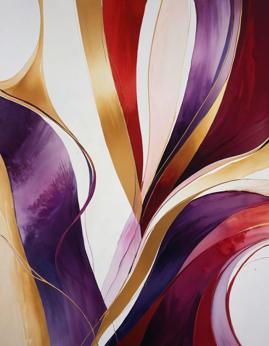 A sleek, modern abstract representation of sensuality, featuring flowing curves and overlapping shapes that suggest intimacy and exploration. Incorporate soft, warm colors like deep reds and purples, with hints of gold to evoke luxury. Subtle, stylized imagery of various natural elements that symbolize connection, such as intertwining vines or gentle waves. The composition should be balanced yet dynamic, inviting the viewer to ponder the themes of pleasure and exploration. abstract, vibrant colors, fluid shapes.