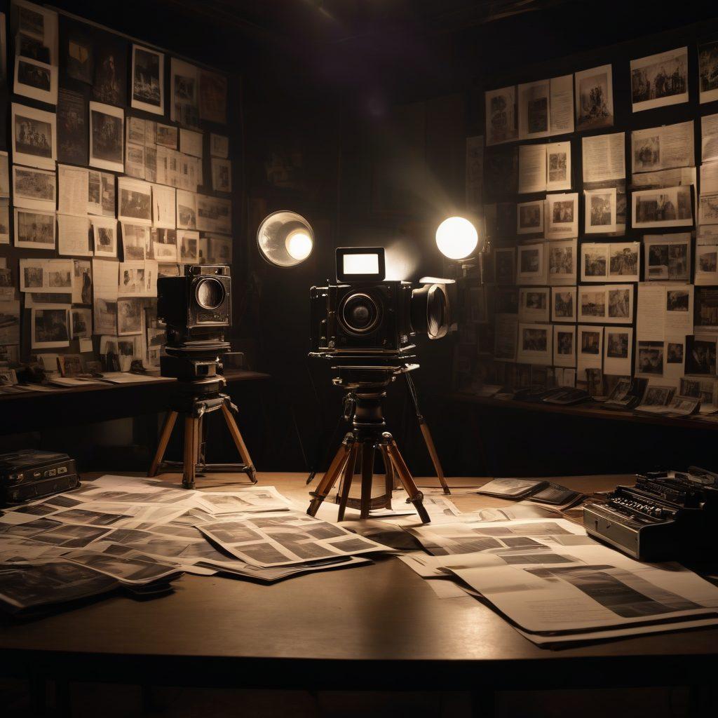 A dimly lit film set capturing the intricate setup of adult entertainment production, featuring a director giving instructions, bright lights illuminating a vintage camera, and behind-the-scenes crew members adjusting equipment. In the foreground, a mood board showcasing storyboards and controversies in the industry. The atmosphere should be both artistic and slightly provocative, reflecting the complex nature of the subject. cinematic style. muted colors. dramatic shadows.